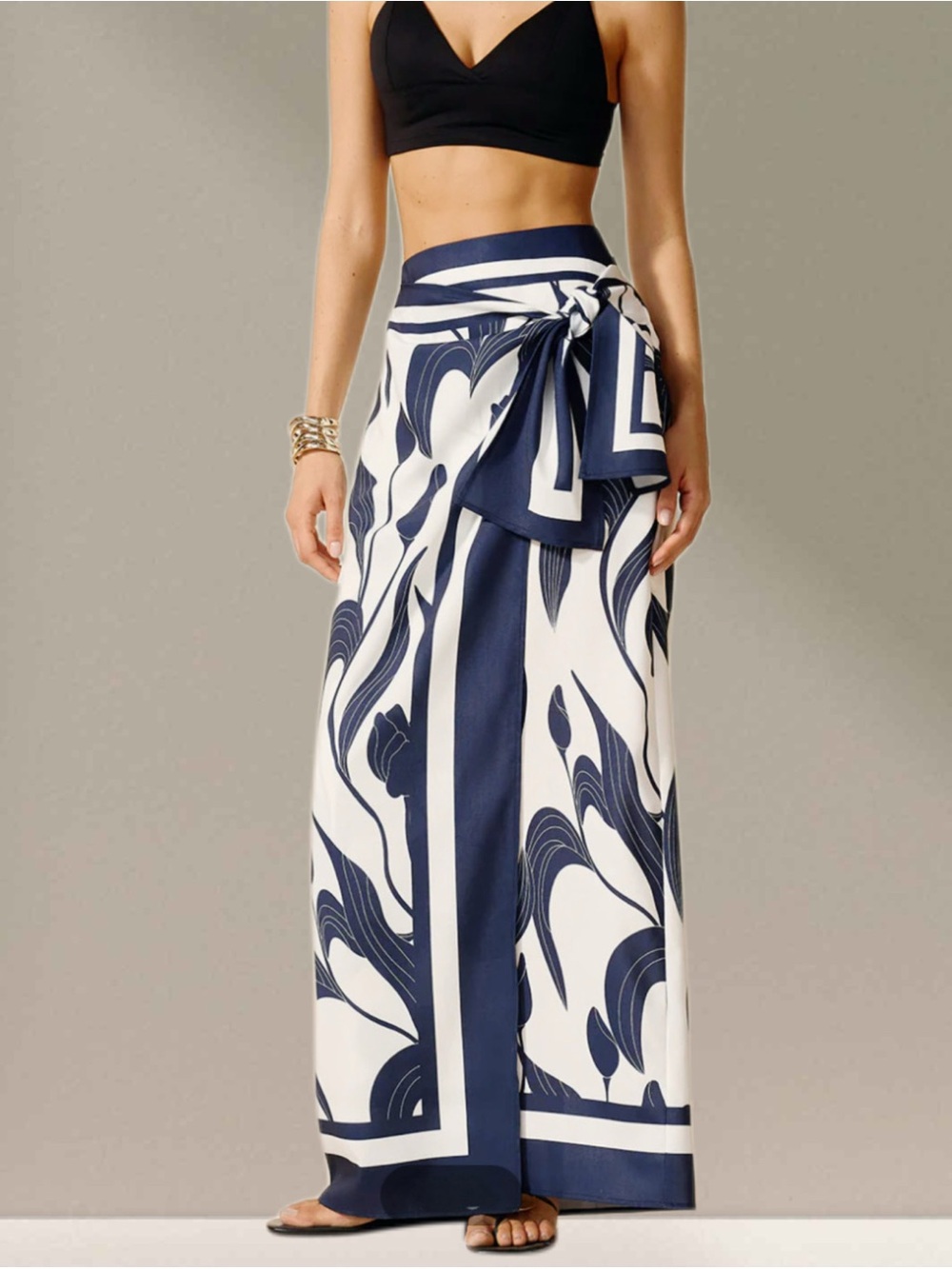 NWT Commense Navy & White Floral Print Tie-Waist Wrap Maxi Skirt Size S Sold Out
